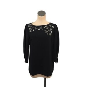 Lafayette 148 New York Blouse Womens 4 US‎ Small Black Embellished Beaded Floral